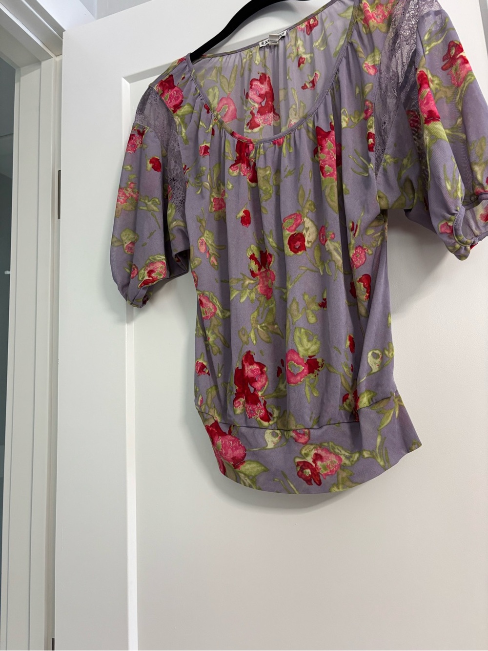 Express Lavender Floral Short Sleeve Blouse with Pink Blooms
